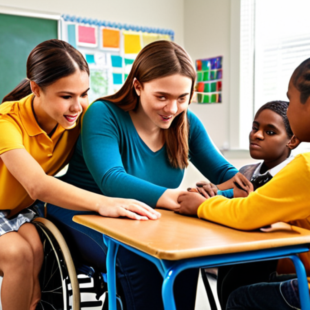 **

Diverse classroom scene. Teacher helping a student with a disability, surrounded by other engaged students. Use bright, encouraging colors. Focus on collaboration and accessibility.

**