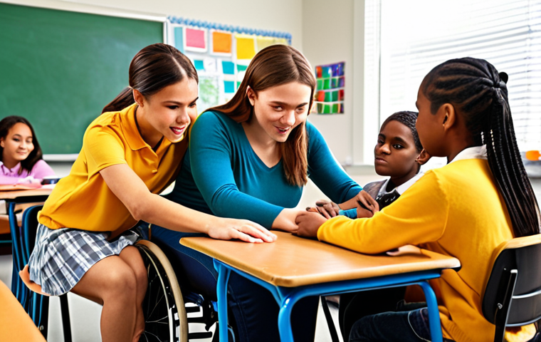 **

Diverse classroom scene. Teacher helping a student with a disability, surrounded by other engaged students. Use bright, encouraging colors. Focus on collaboration and accessibility.

**