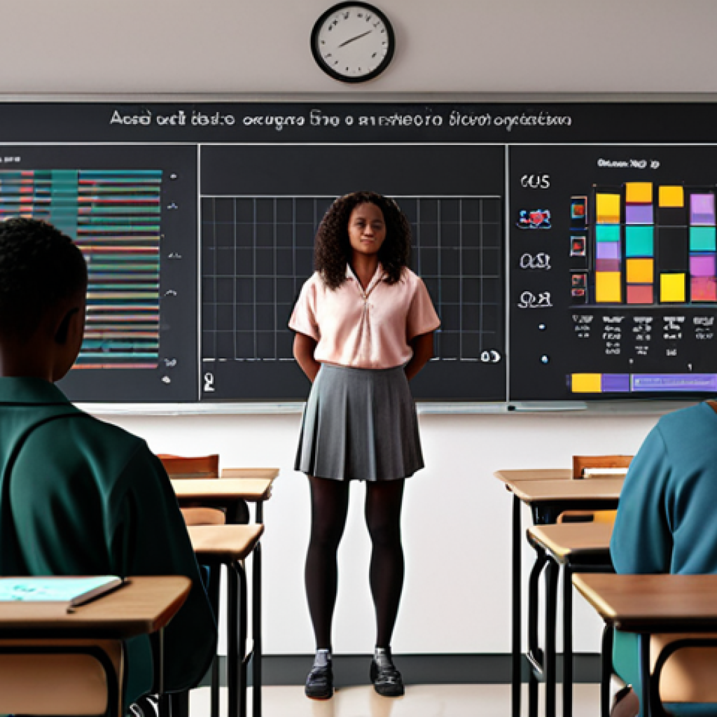 **

A classroom scene. A teacher stands with diverse students. Holographic AI interface displaying warnings about bias (e.g., skewed data charts). The scene visualizes the need to be aware of and combat bias in AI education tools. Focus on inclusivity and ethical AI use.

**