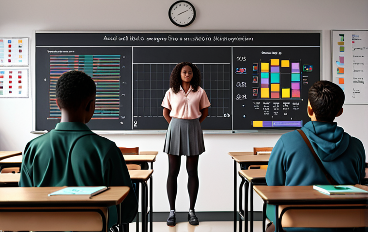 **

A classroom scene. A teacher stands with diverse students. Holographic AI interface displaying warnings about bias (e.g., skewed data charts). The scene visualizes the need to be aware of and combat bias in AI education tools. Focus on inclusivity and ethical AI use.

**