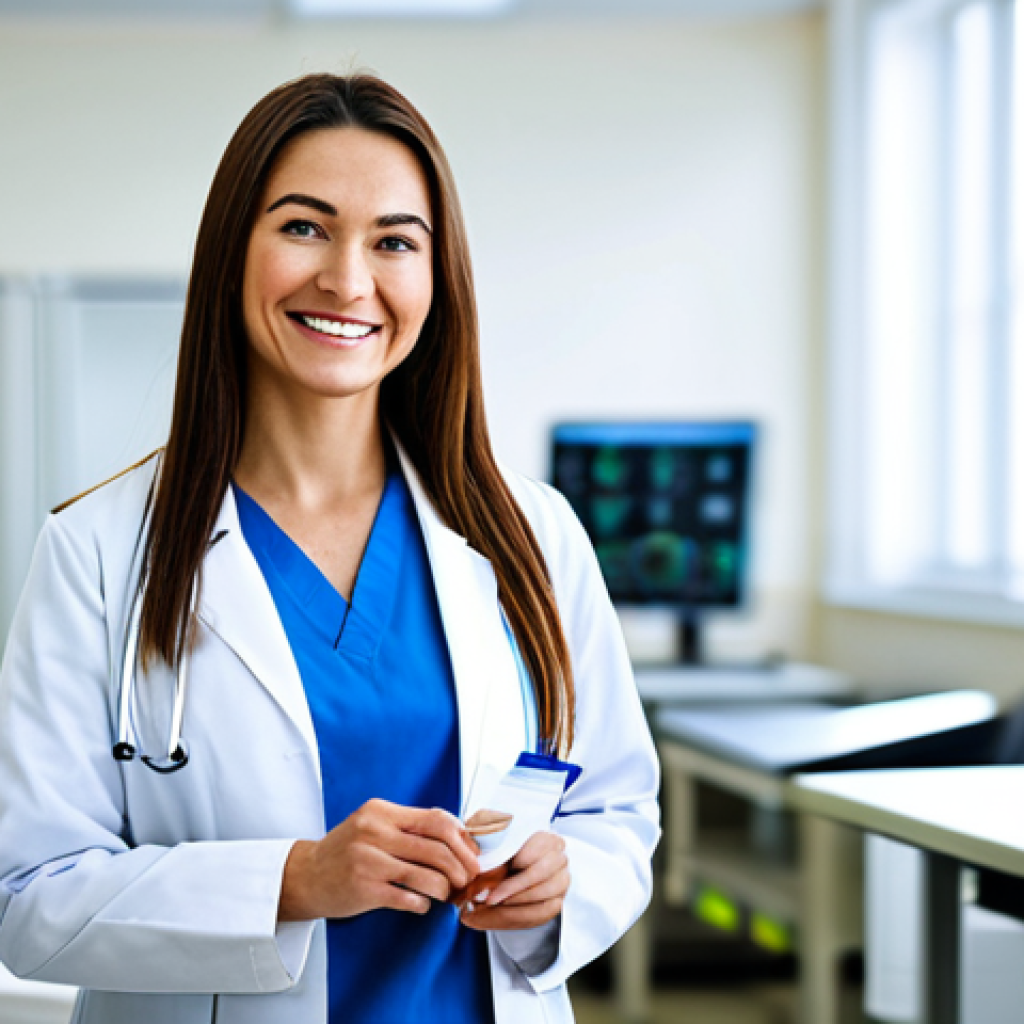 **

"A professional female doctor in a fully clothed, modest lab coat, standing in a modern, well-lit hospital. She is smiling gently. Background shows blurred medical equipment and staff. Safe for work, appropriate content, perfect anatomy, natural proportions, professional, family-friendly, well-formed hands, proper finger count, natural body proportions, high resolution."

**