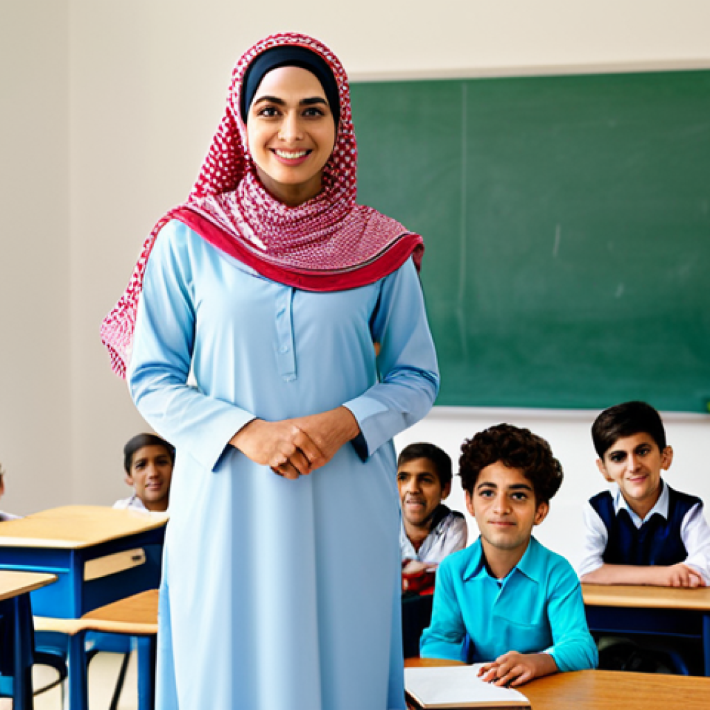 **

A professional Arab teacher in modest, traditional clothing, standing in a bright and welcoming classroom with children, fully clothed, appropriate attire, safe for work, perfect anatomy, natural proportions, family-friendly learning environment.

**