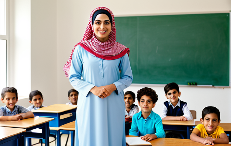 **

A professional Arab teacher in modest, traditional clothing, standing in a bright and welcoming classroom with children, fully clothed, appropriate attire, safe for work, perfect anatomy, natural proportions, family-friendly learning environment.

**