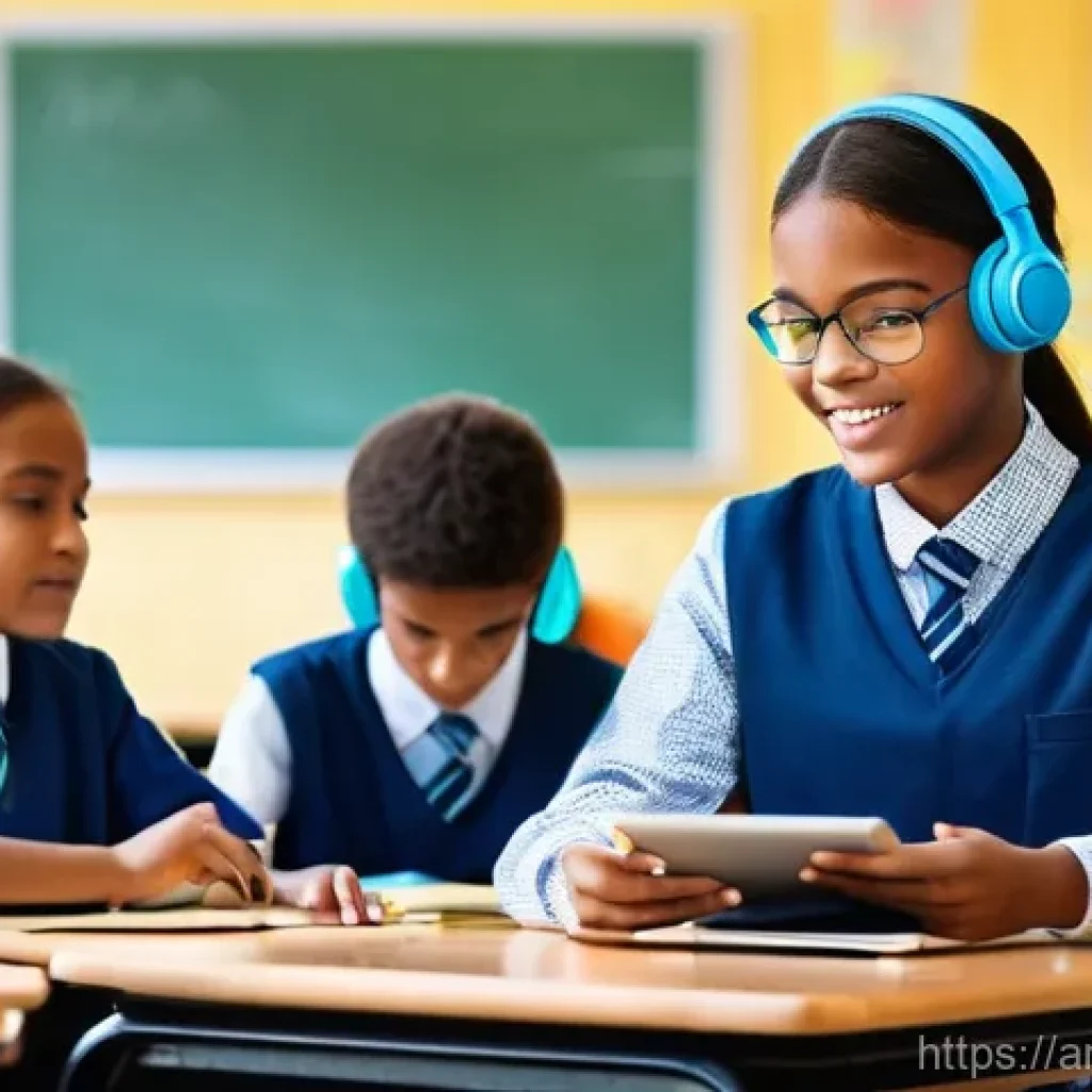 교육에서의 빅데이터 활용 - **Prompt:** A vibrant and dynamic classroom scene showcasing personalized learning. A diverse group ...