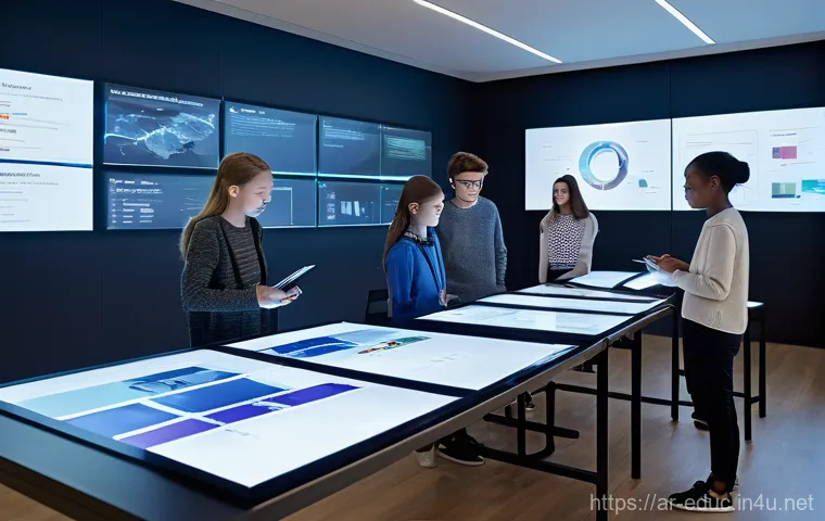 교육에서의 빅데이터 활용 - **Prompt:** A vibrant and dynamic classroom scene showcasing personalized learning. A diverse group ...