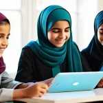 디지털 네이티브 세대 교육 - **Prompt: Future Digital Innovators in an Arab Setting**
    A vibrant, sun-drenched scene inside a ...