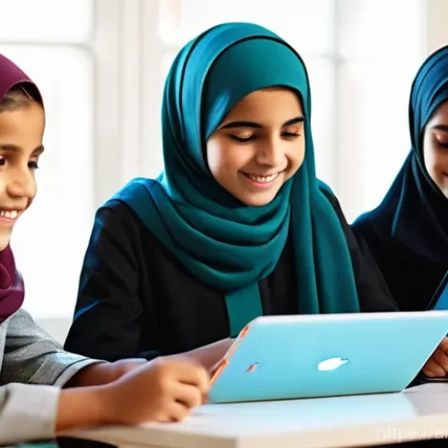 디지털 네이티브 세대 교육 - **Prompt: Future Digital Innovators in an Arab Setting**
    A vibrant, sun-drenched scene inside a ...