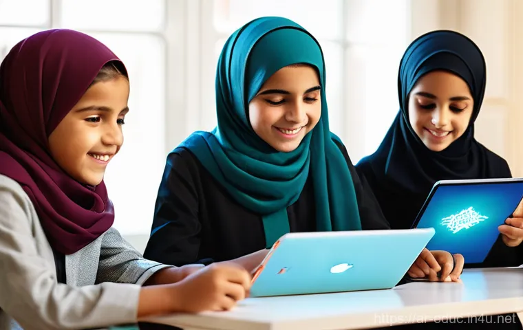 디지털 네이티브 세대 교육 - **Prompt: Future Digital Innovators in an Arab Setting**
    A vibrant, sun-drenched scene inside a ...