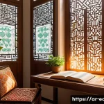 자기조절 학습 전략 - A serene and organized Arabic study room bathed in warm natural sunlight filtering through a window ...