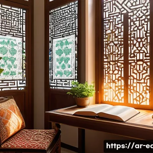자기조절 학습 전략 - A serene and organized Arabic study room bathed in warm natural sunlight filtering through a window ...