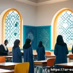 AR VR 기반 교육 - A vibrant classroom scene set in a modern Middle Eastern school, where diverse Arab students wearing...