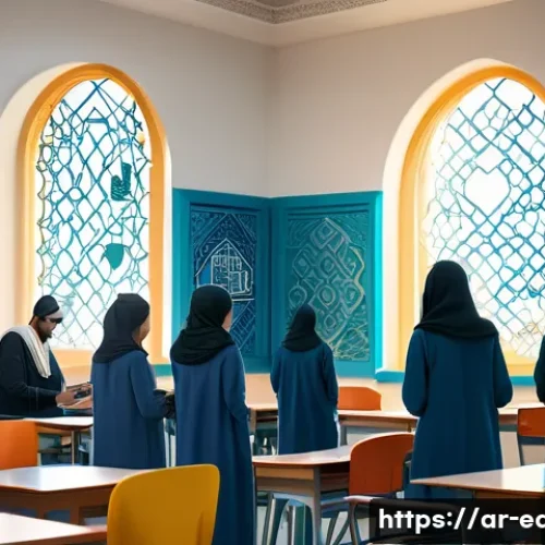 AR VR 기반 교육 - A vibrant classroom scene set in a modern Middle Eastern school, where diverse Arab students wearing...