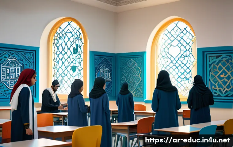 AR VR 기반 교육 - A vibrant classroom scene set in a modern Middle Eastern school, where diverse Arab students wearing...