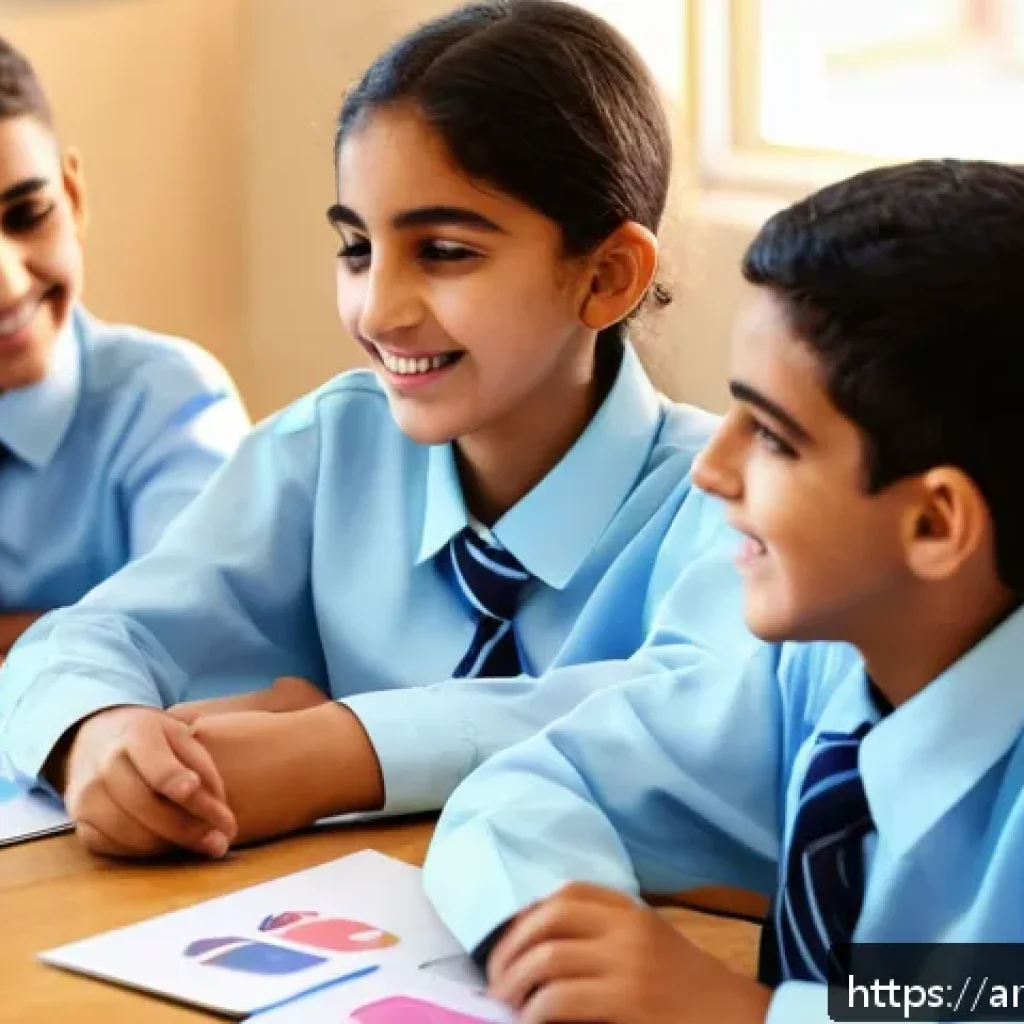 중등교육 교수법 - A vibrant classroom scene set in a modern Middle Eastern school, featuring a diverse group of Arabic...