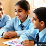 중등교육 교수법 - A vibrant classroom scene set in a modern Middle Eastern school, featuring a diverse group of Arabic...