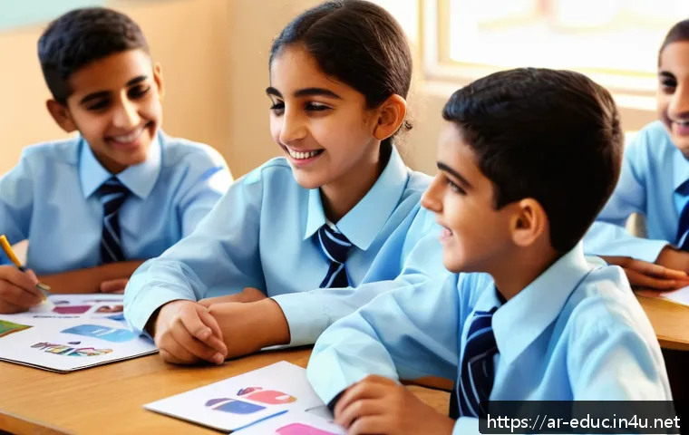중등교육 교수법 - A vibrant classroom scene set in a modern Middle Eastern school, featuring a diverse group of Arabic...