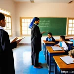 초등교육 트렌드 - A vibrant elementary classroom scene in an Arabic-speaking country, featuring diverse children aged ...