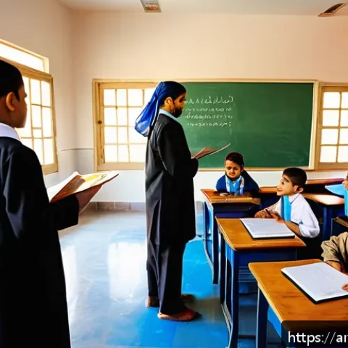 초등교육 트렌드 - A vibrant elementary classroom scene in an Arabic-speaking country, featuring diverse children aged ...