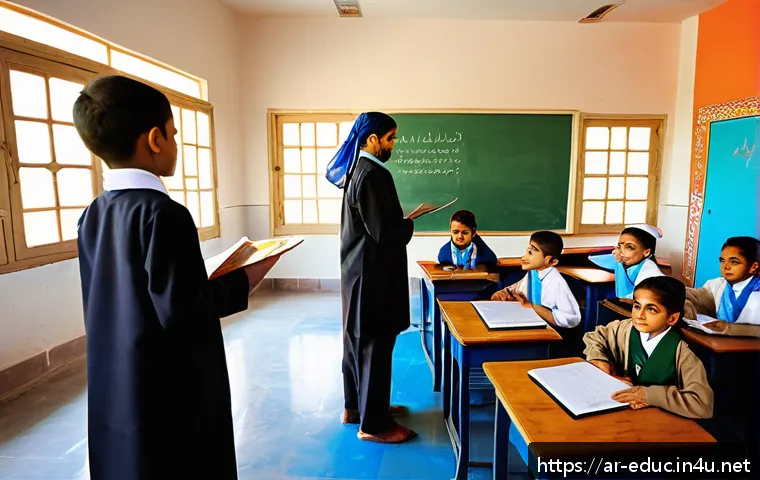초등교육 트렌드 - A vibrant elementary classroom scene in an Arabic-speaking country, featuring diverse children aged ...