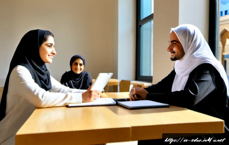 평생학습사회와 대학의 역할 - Photorealistic modern university learning hub in an Arab city, an older Arab woman in modest elegant...