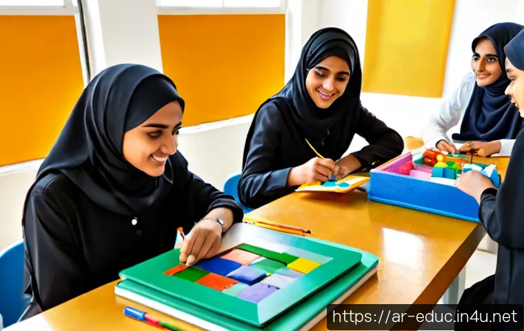 창의성 개발 교육 - Photorealistic creative development workshop in a bright modern classroom in an Arab city, diverse A...