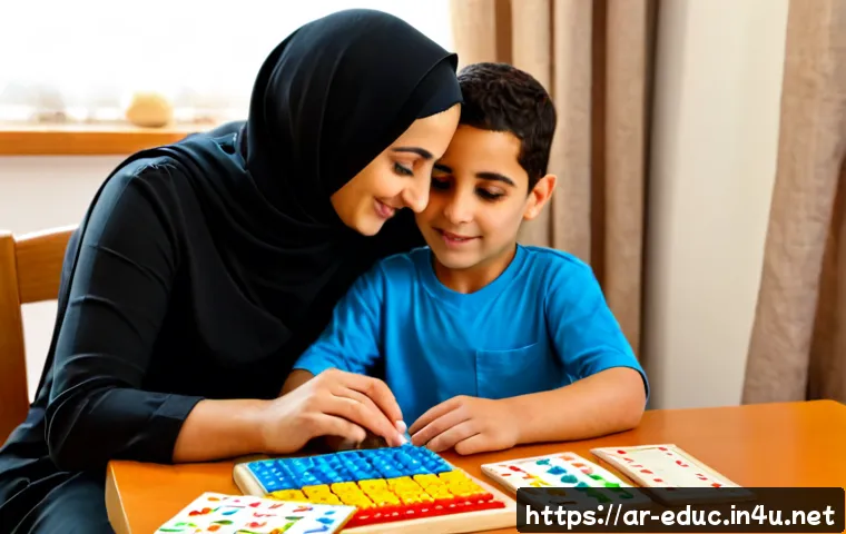 학습 장애 지원 - Photorealistic inclusive learning support session in a warm Arabic-speaking family home, compassiona...