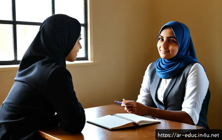 학생 상담 및 지도 - Photorealistic school counseling session in a bright, welcoming Arabic-speaking school office, a com...