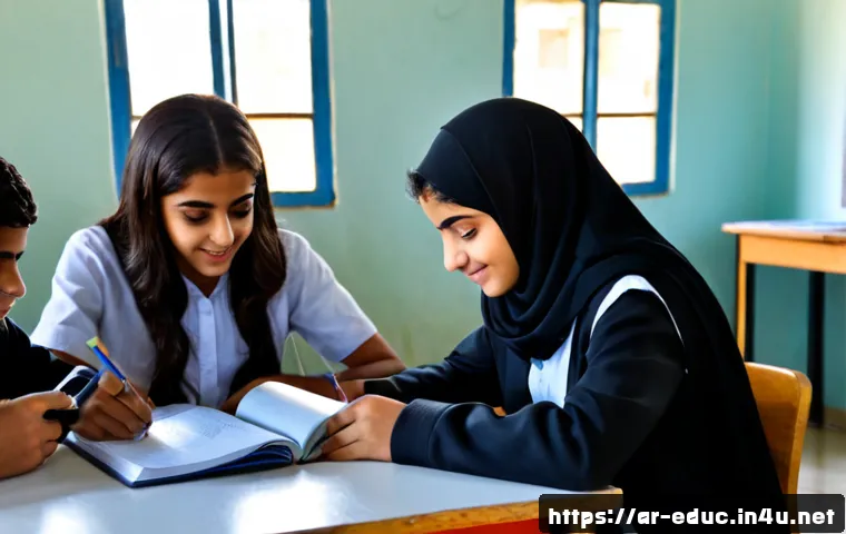 프로젝트 기반 학습 - Photorealistic project-based learning classroom in a modern Arab secondary school, diverse Arab teen...